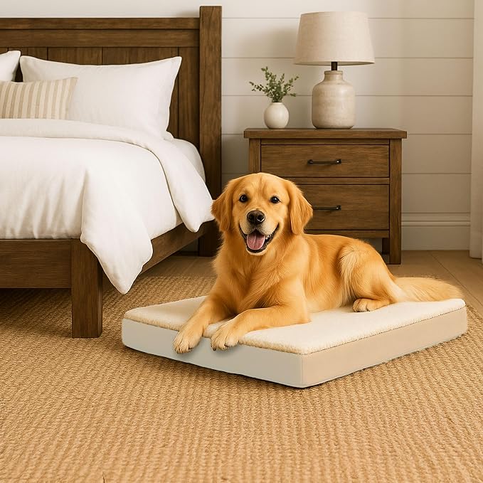 PETMAKER Orthopedic Dog Bed - 2-Layer Memory Foam Bed with Machine Washable Sherpa Top Cover - 36x27 Mattress for Large Dogs up to 65lbs (Tan)