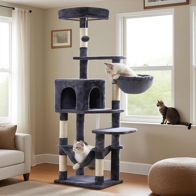 Hey-brother Cat Tree, Multi-Level Sisal Covered Scratching Posts, MPJ050G | 60.6 Inches Tower with Condo, Large Hammock, Top Perch, Toy Ball for Indoor Multi-Cats Households, Smoky Gray