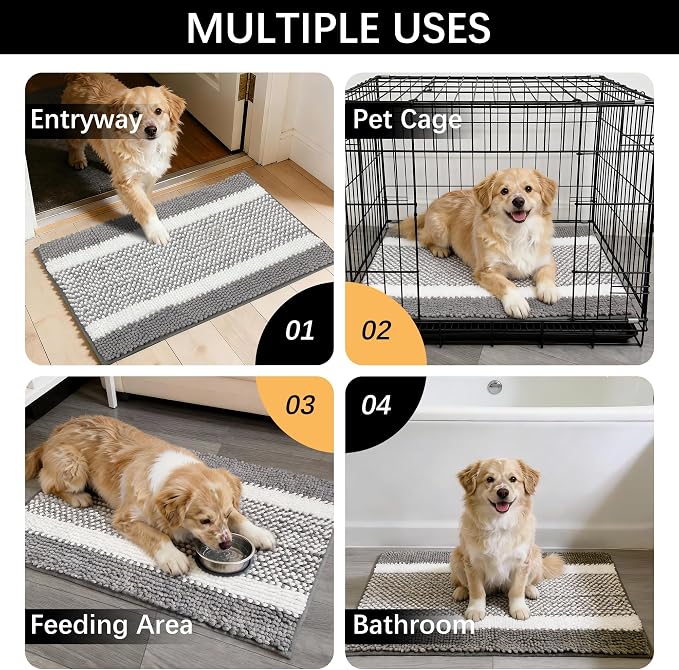 Dog Door Mat for Muddy Paws - Absorbent Quick-Dry Non-Slip Washable Chenille Pet Rug, Indoor Entryway Mat for Front Door & Crate (Gray White, 30" L*18" W)