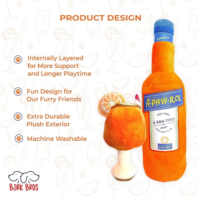 Bark Bros - Liquor Bottle Dog Toy - Plush Squeaky Dog Toys Funny Drink Parody - Alcohol Dog Toy - Dog Birthday Toy - Cute Dog Toys - Puppy Gifts - Puppy Stuff - Dog Stuff (Large, Apawrol Spritz)