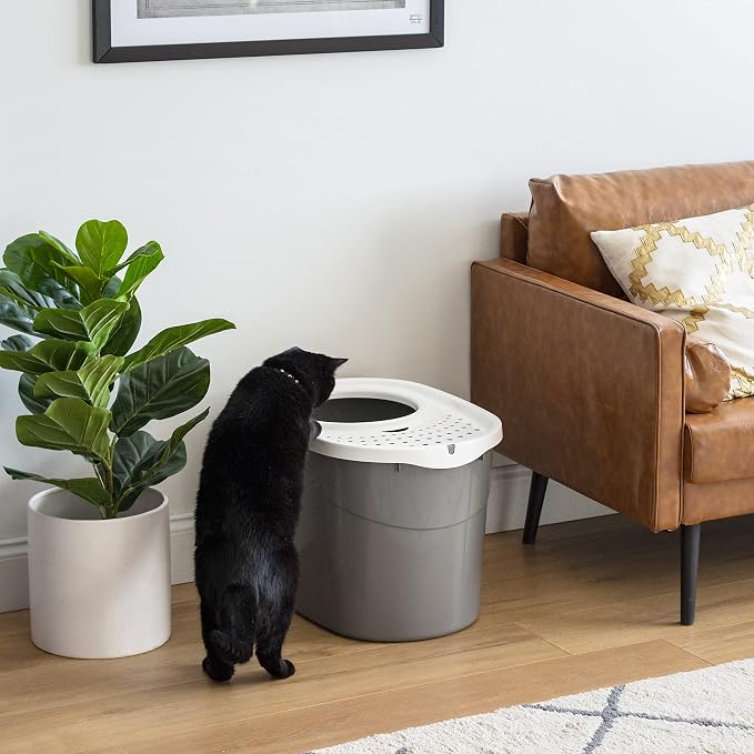 IRIS USA Large Top Entry Cat Litter Box with Lid, Enclosed Covered Cat Litter Box for Indoor Cats, Dog Proof Design, Odor Control, Litter Tracking Reduction, Scoop Included, Gray/White