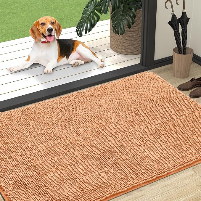 OLANLY Dog Door Mat for Muddy Paws 59x35, Super Absorbent Chenille Mud Mat | Orange, Absorbs Moisture and Dirt, Non-Slip Machine Washable Doormat, Quick-Drying Indoor Entryway Floor Carpet for Dogs
