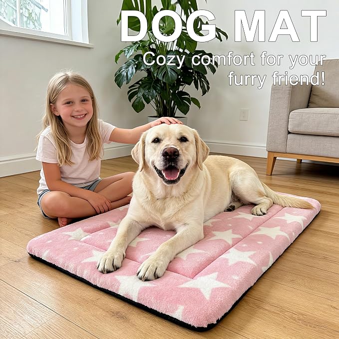Dog Bed Mat – Soft & Comfortable Dog Kennel Pad for Crate – Durable Crate Bed & Mat for Dogs & Cats – Ideal for Crate, Kennel, and Home Use (Big&Little Stars Pink, L(35"*23"*1.5"))