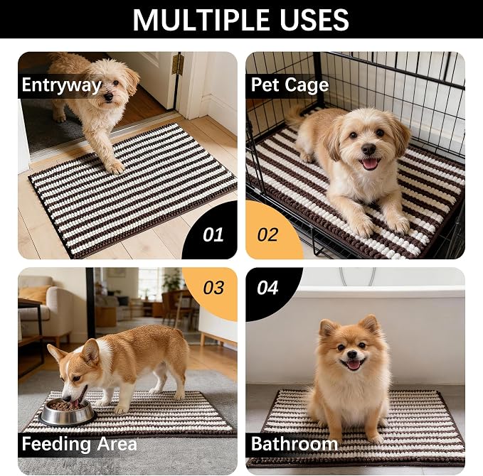 Dog Door Mat for Muddy Paws - Absorbent Quick-Dry Non-Slip Washable Chenille Pet Rug, Indoor Entryway Mat for Front Door & Crate (Brown, 30" L*18" W)