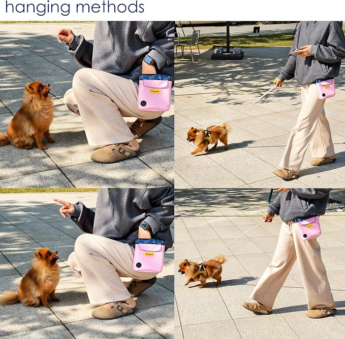 Raisingwell Dog Treat Pouch for Pet Walking and Training with Clicker 2 Cup Silicone Bag Small Fanny Pack Holder for Puppy Snack Dispenser Kit for Leash and Outdoor Use (Pink)