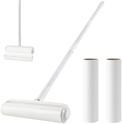 Floor Lint Roller Long Handle with Cover and 2 Refills for Pet Hair Extra Sticky Large 9.45 inch Lint Remover for Carpet Bedding Couch (Extra Long Handle & 3 Sticky Rolls)