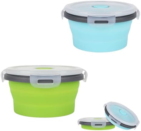 2pcs Collapsible Dog Bowls, Silicone Food & Water Travel Bowl with Lid Portable Expandable Pet Feeding & Drinking Cup/Saucer for Walking, Kennels, and Camping 350ml (Green, Blue)
