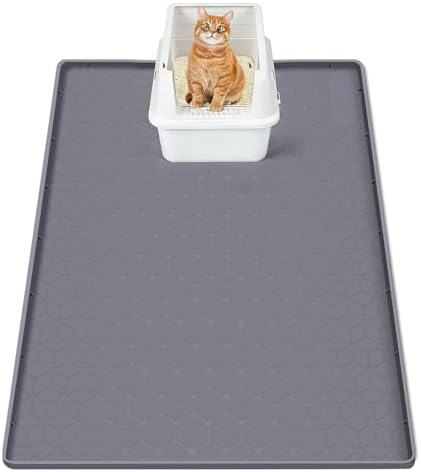 SORKUT Cat Litter Mat 34x22 Inch, Large Silicone Litter Box Mat for Floor Protection, Waterproof & Non-Slip, Soft for Cat Paws, Easy to Clean, Leak-Proof Edge, Gray