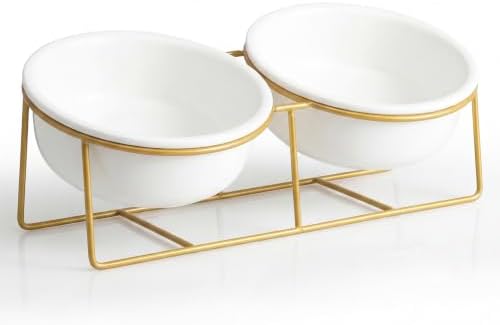 Elevated Dog Bowls for Small Dogs - 2 Ceramic Bowls with Gold Iron Stand - Raised Pet Dish Set for Food and Water - Comfortable Feeding