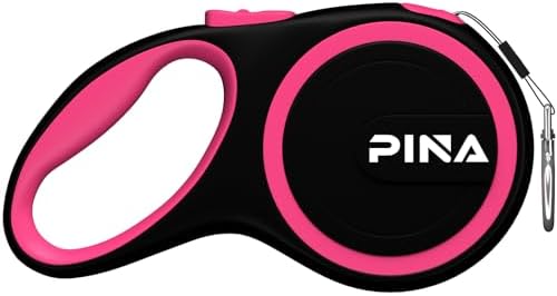 PINA Retractable Dog Leash, 10ft Dog Leash for Small Dogs Up to 33lbs, 360° Tangle-Free Strong Reflective Nylon Tape, with Anti-Slip Handle, One-Handed Brake, Lock - Black Pink