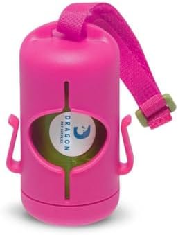 DRAGON Waste Bags Durable Dispenser, Dog poop bags holder with Two Hooks on the side for Used Poop Bags, leash attachment strap and 15 Poop Bags (Pink)