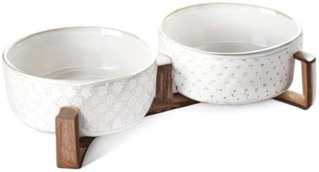 LE TAUCI Dog Bowls Ceramic for Small Medium Dogs - 4-Cup Dual Food & Water Bowl Set with Acacia Wood Stand, Non-Slip Anti-Tip Elevated Design
