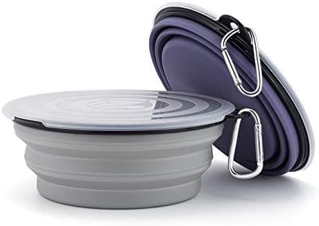 SLSON Dog Bowls Pet Collapsible Bowl with Cover Lids,2 Pack Dog Travel Bowls Portable Foldable Cat Water Dish Bowl for Pets Walking Parking Camping (Taro Purple and Concrete Gray, Large)