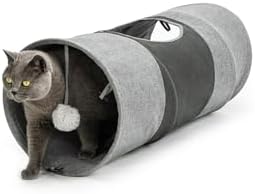 lionto cat Tunnel with Play Ball, 11,8x27,6 in, Foldable Expandable Play Tunnel Made of Easy-Care Faux Linen Material for Cats, Robust cat Toy, 11,8 in Diameter