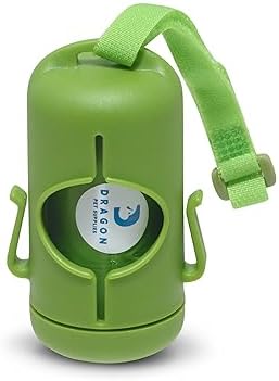 DRAGON Waste Bags Durable Dispenser, Dog poop bags holder with Two Hooks on the side for Used Poop Bags, leash attachment strap and 15 Poop Bags (Green)