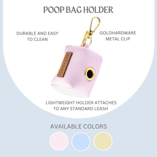 Dog Poop Bag Holder with Leash attachment, Waste litter bag container, Lead accessories, Metal hook hands free holder, Zipper pouch stylish gold hardware (Pink)