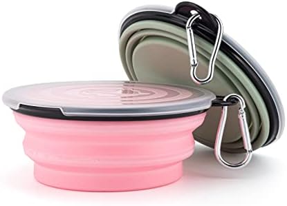 SLSON Collapsible Pet Feeder, 2 Pack Dog Bowls with Cover Lids, Portable Foldable Cat Water Dish Bowl for Pets, Small, Fairy Pink and Sprout Green