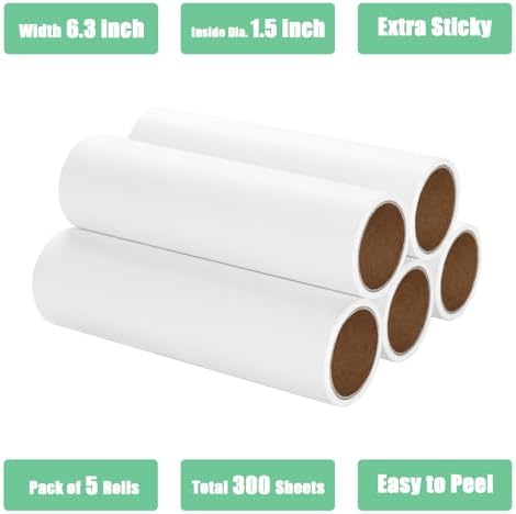 6.3 inch Lint Roller Refills Only, Extra Sticky Lint Remover Refills for Pet Hair Sticky Roller Refill Adhesive Tape Easy Peel 60 Sheets per Roll, Pack of 5, Total 300 Sheets (6.3'' Wide)