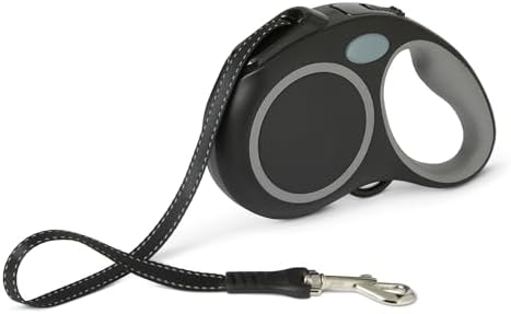 Amazon Basics Reflective Retractable Dog Leash, 16.4 Ft Tape Leash for Dogs Up to 55 Lbs, Non-Slip Comfort Grip, Quick-Lock, Medium, Black