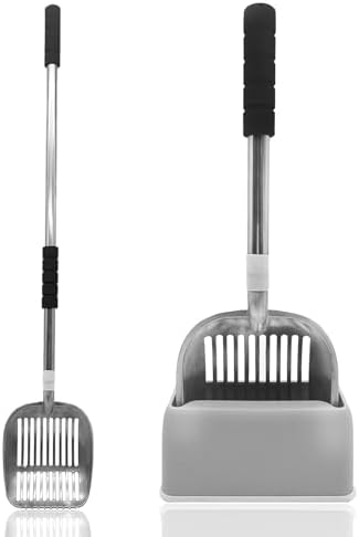 PINVNBY Cat Litter Scooper, Long Handle Litter Sifter Scoop with Litter Scoop Holder Stainless Steel Kitten Scooper Deep Kitty Litter Scooper with Box Metal Detachable Sifting Litter Shovel Set