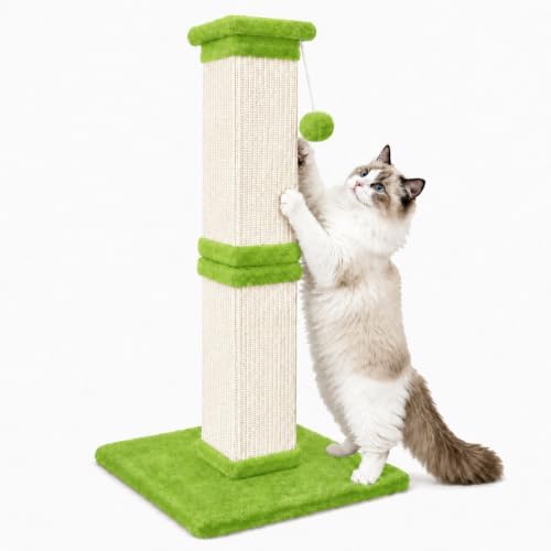Vertical Cat Scratching Post for Indoor Cats, Sisal Scratch Tower with Soft Plush Base & Dangling Pom Ball, 32'' Tall Cat Scratcher Column for Kittens and Adult Cats, Furniture Protection, Green