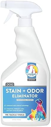 Unique Advanced Dog Odor & Stain Remover, Enzyme Cleaner Spray for Urine & Pet Accidents, Eliminates Odors at the Source, Carpet & Fabric Safe, 24 oz