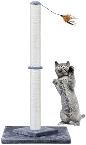 HUTPET 34" Tall Cat Scratching Post Double Base and Reinforcement Design Anti tilt,Sisal Scratch Posts Trees with Feather Toys for Indoor Cats(Gray)