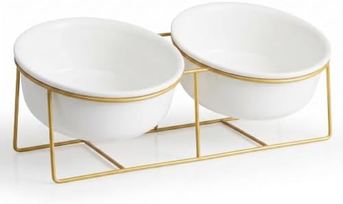 Large Small Double Elevated Dog Bowls - Raised Dog Bowl - Ceramic Dog Cat Bowl Set for Food and Water - Pet Comfort Feeding Bowls with Gold Iron Stand