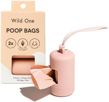 Wild One Dog Poop Bag Holder and Dispenser with Leash Attachment, Leak Proof, Easy Twist Top for Refills, Includes 1 Box Of Bags, Blush