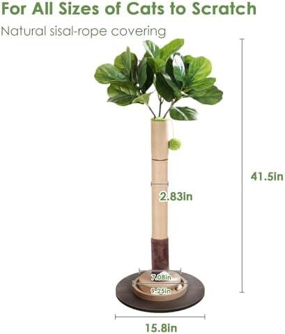 Cat Scratching Post, 35 Inch Tall Cat Scratcher Cat Tree Tower with Hanging Ball for Indoor Cats Adults,Fiddle Leaf Fig Sisal Rope Kitten Scratch with Interactive Mouse Cat Toy