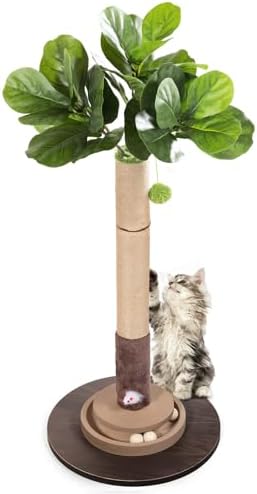 Cat Scratching Post, 35 Inch Tall Cat Scratcher Cat Tree Tower with Hanging Ball for Indoor Cats Adults,Fiddle Leaf Fig Sisal Rope Kitten Scratch with Interactive Mouse Cat Toy