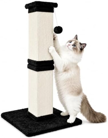 Vertical Cat Scratching Post for Indoor Cats, Sisal Scratch Tower with Soft Plush Base & Dangling Pom Ball, 32'' Tall Cat Scratcher Column, Furniture Protection, Black and White