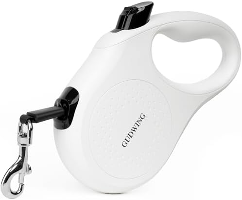 26FT Retractable Dog Leash, Heavy Duty Great Leash for Dog up to 110 lbs, 360° Tangle-Free RetractionOne-Handed Brake, Strong Nylon Tape (Large, White)