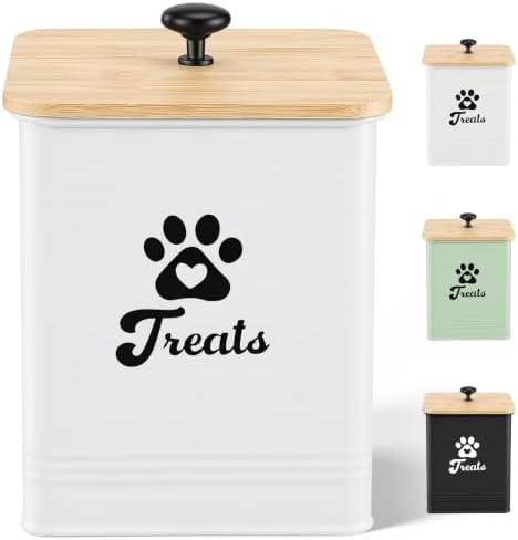 Dog Treat Container Airtight, 5.7" W x 6.7" H Iron Pet Treat Jar with Bamboo Lid, 12 Cup Food Storage Canister for Kitchen Counter, Decorative Pet Cookie Jar for Dog Snacks Kibble,White