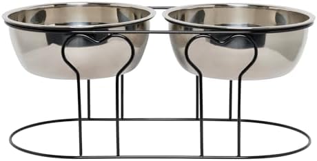 YML 7-Inch Wrought Iron Stand with Double Stainless Steel Feeder Bowls,Black