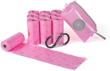 Dog Poop Bag Holder With 10 Rolls, 1 Pink Holder and 150 Count Bags for Dogs, Multi-functional Carabiner Clip (Pink, Scented)