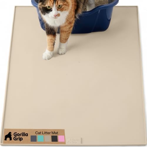 GORILLA GRIP Cat Litter Box Mat, Easy Clean Silicone Mats, 35x23 Beige