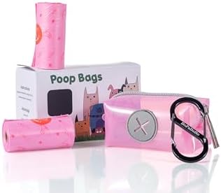 Dog Poop Bag Holder, Pink Dog Bag Holder for Leash and 1 S-Shape Carabiner Clip, 2 Pink Dog Poop Bags Rolls (30 Count, Scented)