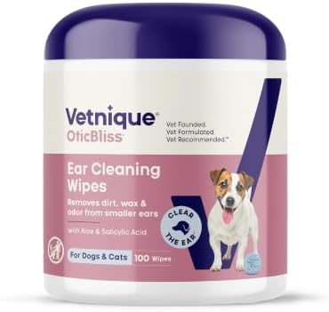 Vetnique Oticbliss Cat & Dog Ear Wipes, Ear Cleaner for Wax, Dirt & Odor