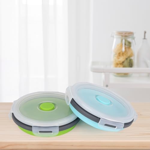 2pcs Collapsible Dog Bowls, Silicone Food & Water Travel Bowl with Lid Portable Expandable Pet Feeding & Drinking Cup/Saucer for Walking, Kennels, and Camping 350ml (Green, Blue)