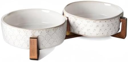 LE TAUCI Dog Bowl Set with Acacia Wood Stand - 1.8-Cup Ceramic Puppy Bowls for Small Dogs, Dual Food and Water Bowls with Weighted Non-Slip Base