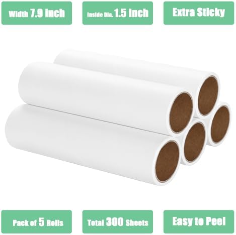 7.9 inch Lint Roller Refills Only, Extra Sticky Tape Roller Refills for Large Floor Lint Roller 7.9'' Width Sticky Roller Replacment Refill Pack of 5 Rolls, Total 300 Sheets (7.9'' Wide)
