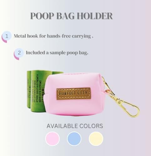 Dog Poop Bag Holder with Leash attachment, Waste litter bag container, Lead accessories, Metal hook hands free holder, Zipper pouch stylish gold hardware (Pink)