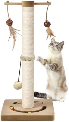 AUSCAT Cat Scratching Post with Multiple Interactive Toys, Vertical Sisal Cat Scratcher for Indoor Cats and Kittens, 24.8 inches, Beige