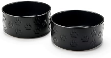 SPUNKYJUNKY Ceramic Dog and Cat Bowls 2 Pack, 6.1'' Dog and Cat Food Water Double Feeding Bowls Non-Slip for Large Sized Breed Microwave Dishwasher Safe - 28.7 OZ, 2pcs, Paw Black