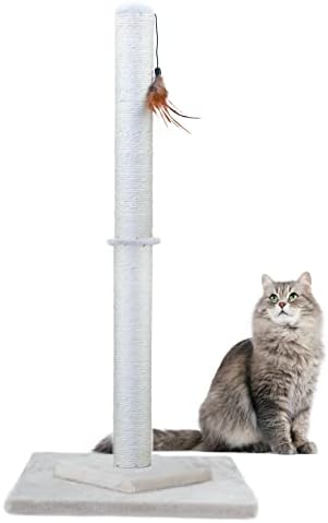 Hutpet 34" Tall Cat Scratching Post Double Base and Reinforcement Design,Sisal Scratch Posts Trees with Feather Toys for Indoor Cats (Beige)