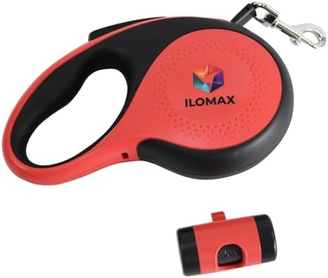 ILOMAX 360° Tangle-Free Retractable Dog Leash Built-in Waste Bag Dispenser Under Handle 2 Rolls Poop Bags Included Heavy Duty Tape Leash for Dogs up to 50kg Carry Pouch Included (Red, L)