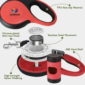 ILOMAX 360° Tangle-Free Retractable Dog Leash Built-in Waste Bag Dispenser Under Handle 2 Rolls Poop Bags Included Heavy Duty Tape Leash for Dogs up to 50kg Carry Pouch Included (Red, L)