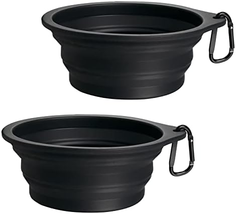 PetBonus 2-Pack Silicone Collapsible Dog Bowls, BPA Free Dishwasher Safe, Portable Foldable Expandable Travel Bowl, Food Water Feeding Cup Dish for Dogs Cats with 2 Carabiners (Black, Black)
