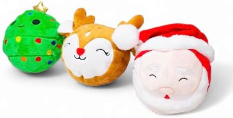 Flourish Pets 2 in 1 Christmas Multi-Layer Chew Toy for Active Dogs | Non-Toxic BPA Free Double Stitched Soft Fabric and Long-Lasting Dog Plush Toys - Christmas 3.5" (Pack of 3)